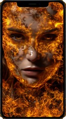 Fiery digital portrait of a woman, for themes of transformation, passion, or digital art techniques, concepr wallpapers on phone
