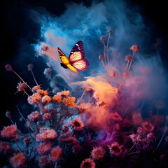 Glowing butterflies from paper on a dark background with warm smoke in some pretty colors