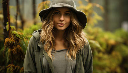 Young woman in autumn forest, smiling, confident, fashionable, beauty in nature generated by AI