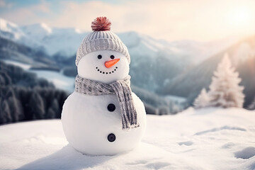 Obraz premium Festive delight: A cheerful snowman in a snowy winter landscape, adding joy to the holiday season.