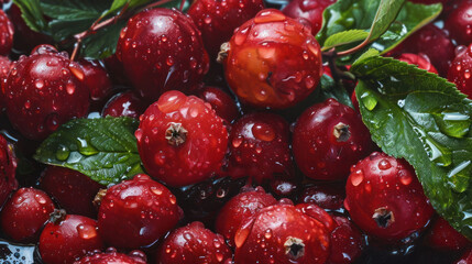  a close up of a bunch of cherries with water droplets on them and green leaves on the top of the cherries and on the bottom of the cherries.
