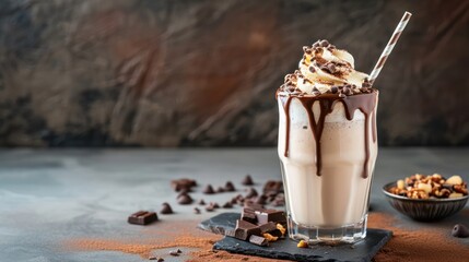 Chocolate milkshake with whipped cream and straw. Food photography. Isolated background