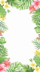 A tropical frame illustration featuring a variety of lush green leaves and vibrant flowers like plumerias and hibiscus. The composition leaves a white, empty space in the center, ideal for text 