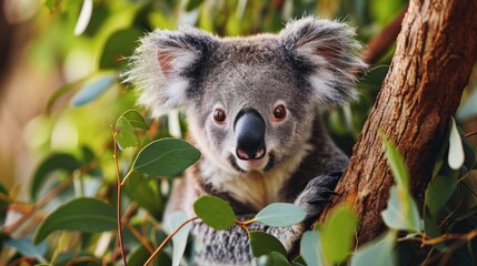  a close up of a koala in a tree looking at the camera with a sad look on it's face and a green leafy bush behind it.