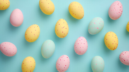 Fototapeta na wymiar Pastel-colored Easter eggs arranged in a pattern, Easter, pastel background, Flat lay, top view, with copy space