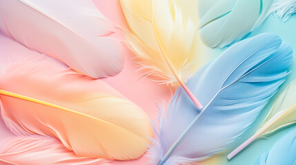 A soft-focus image of pastel-colored feathers, symbolizing Easter's gentleness, Easter, pastel background, Flat lay, top view, with copy space