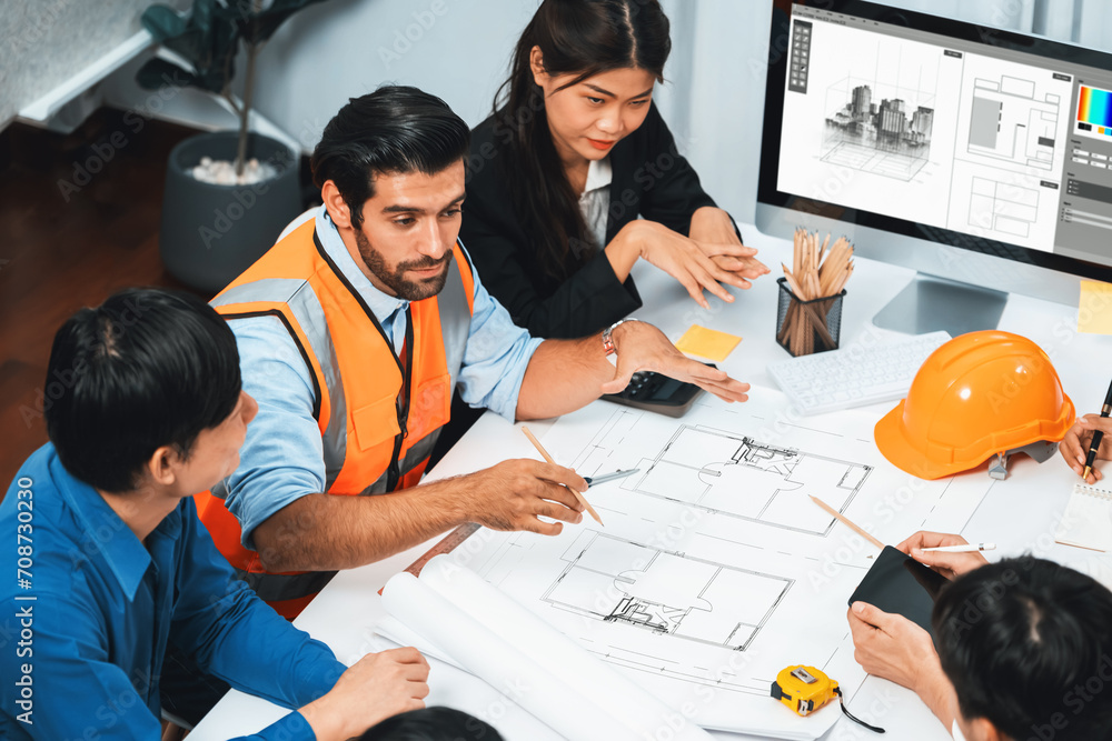 Poster diverse group of civil engineer and client working together on architectural project, reviewing cons
