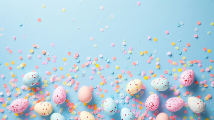 Fototapeta na wymiar A scattering of pastel confetti and small Easter eggs, Easter, pastel background, Flat lay, top view, with copy space
