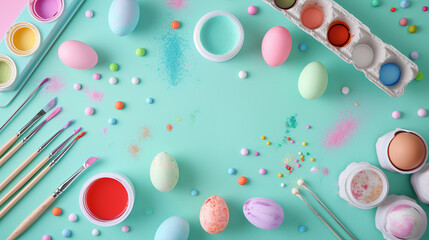 Easter egg dyeing tools and pastel dyes set up for crafting, Easter, pastel background, Flat lay, top view, with copy space