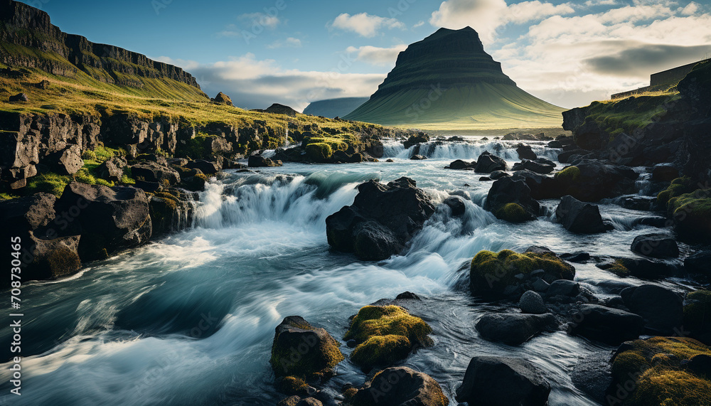 Wall mural majestic mountain peak, tranquil coastline, flowing water, idyllic sunset generated by ai