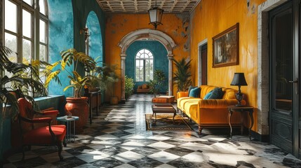Opulent retro interior, for vintage lifestyle magazines.
An interior view showing a vibrant...