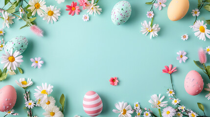 Handmade Easter crafts on a pastel paper background, Easter, pastel background, Flat lay, top view, with copy space