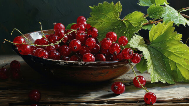  a painting of a bowl of cherries next to a green leafy branch and a leafy branch of a plant on the side of a brown wooden table.