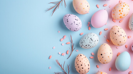 A collection of pastel Easter egg-shaped soaps, Easter, pastel background, Flat lay, top view, with copy space