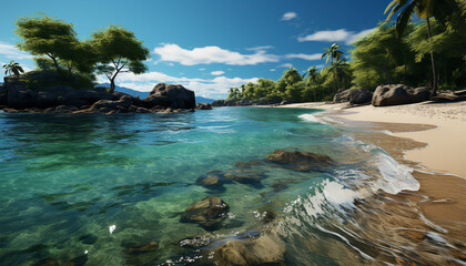 Obraz premium Tropical palm trees sway, waves crash, nature tranquil adventure generated by AI