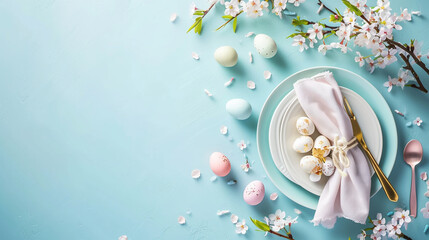 Easter brunch table setting in pastel tones, Easter, pastel background, Flat lay, top view, with copy space
