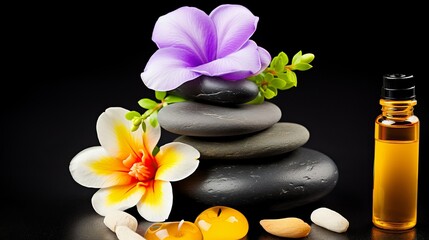 stones meticulously balanced with flouwers, conveying a sense of calm and focus, suitable for wellness guides, meditation articles, or spa promotions.