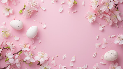 A simple pastel Easter card surrounded by small flowers, Easter, pastel background, Flat lay, top view, with copy space