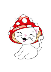 Funny white cat with amanita hat