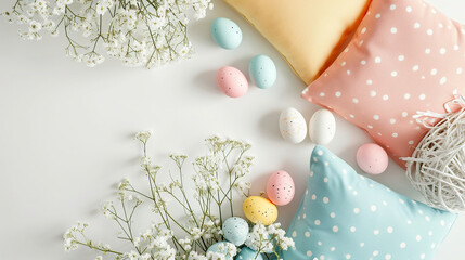 A cozy Easter corner with pastel pillows and Easter decorations, Easter, pastel background, Flat lay, top view, with copy space