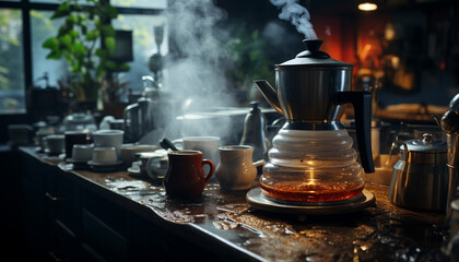 Barista pouring hot coffee in a close up coffee maker generated by AI