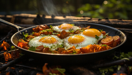 Fresh grilled meat on a rustic plate, cooked outdoors generated by AI