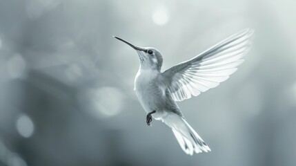  a black and white photo of a hummingbird flying in the air with its wings spread wide open and its beak extended, with a blurry background of boke.