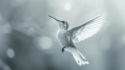 Foto op Canvas  a black and white photo of a hummingbird flying in the air with its wings spread wide open and its beak extended, with a blurry background of boke. © Anna