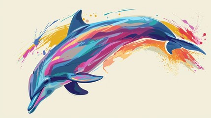  a colorful dolphin jumping out of the water with a splash of paint on it's back and a splash of paint all over its body, on a white background.