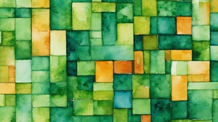 Watercolor painting in cubic style, geometric patterns in the style of tiles and mosaics. abstract background in green colors, modern illustration