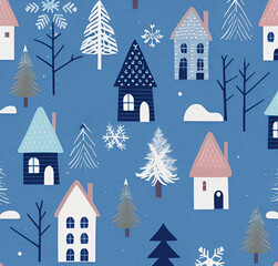 Obraz na płótnie Canvas Cute winter landscape with houses and trees. Beautiful background. Flyer, card design