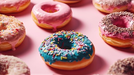Obraz premium a pink box filled with lots of donuts covered in frosting and sprinkles on top of each one of the donuts is a pink surface.