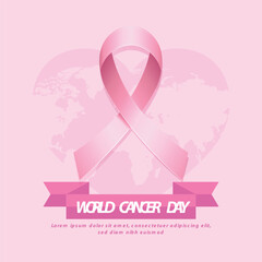Vector Illustration of World cancer awareness day 4th February template with Breast cancer awareness Pink ribbon and globe background	
