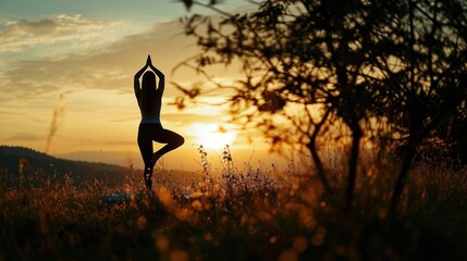 a woman doing yoga in a field with the sun setting behind her and a tree in the foreground, with the sun setting behind her, in the distance. - obrazy, fototapety, plakaty