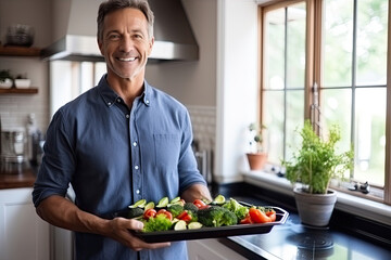A handsome Caucasian man, embodying culinary prowess, stands in a home kitchen, preparing a fresh and healthy salad with a touch of homemade expertise.