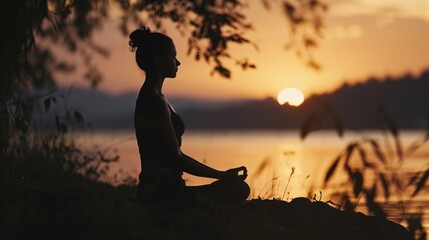  a woman sitting in a lotus position in front of a body of water with the sun setting behind her and a tree in the foreground with a body of water in the foreground.