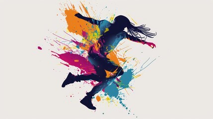  a silhouette of a woman running with paint splatters on the side of her body and her hair blowing in the wind, in front of a white background.