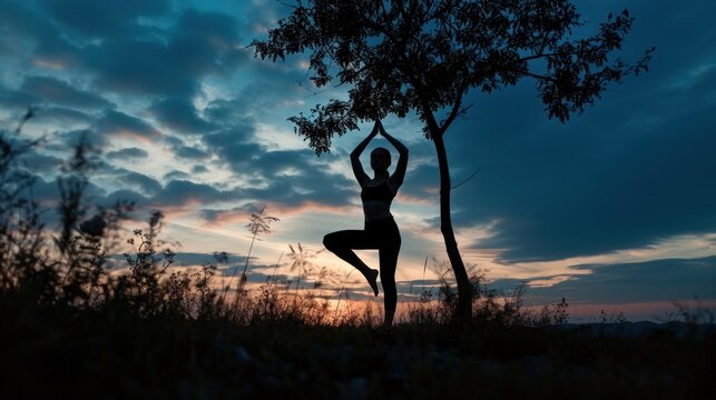  a silhouette of a woman doing yoga in front of a tree with the sun setting behind her and the clouds in the sky with a pink and blue hued.