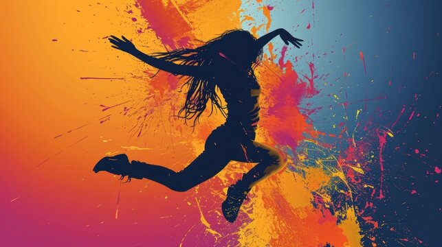  a woman is jumping in the air with paint splatters all over her and her hair is blowing in the wind and her hair is blowing in the wind.