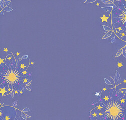 Fototapeta na wymiar Blue, purple background with flowers. Beautiful background with empty copy space. Minimalist Backdrop. Flyer, template design