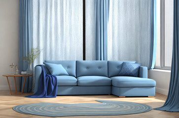 Minimalist interior design of modern living room with chair,sofa cushions,coffee table.Generative AI