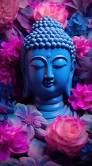 Blue Buddha statue surrounded by pink and purple flowers
