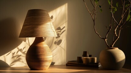  a lamp sitting on top of a wooden table next to a vase with a plant in it and a shadow of a tree on a wall behind the lamp shade. - obrazy, fototapety, plakaty