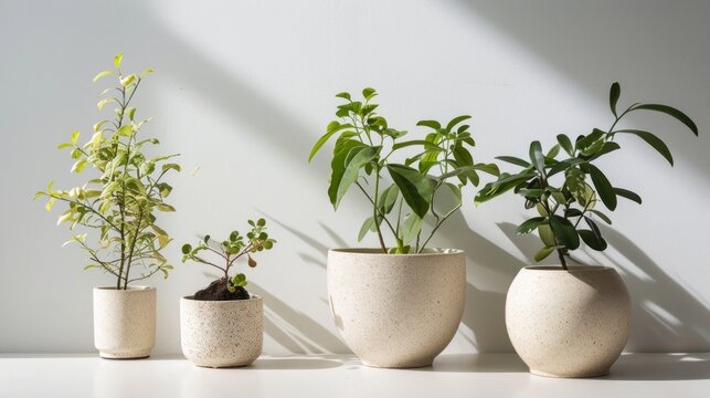  a group of three planters sitting next to each other on a white table with a white wall behind them and a green plant in the middle of the planter.
