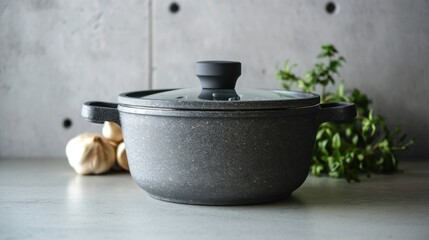  a pot with a lid sitting on a counter next to garlic and a bunch of garlic on the side of the pot, with a sprig of garlic in the background.