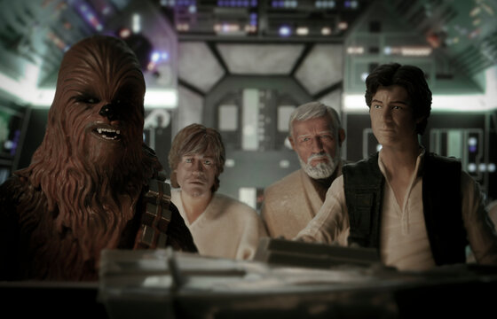 NEW YORK USA: JUNE 9 2020: recreation of a scene from Star Wars A New Hope with Han Solo, Luke Skywalker, Ben Kenobi & Chewbacca in the Millennium Falcon - Hasbro action figures