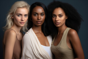 A fashionable and gorgeous portrait showcasing a diverse trio of models with perfect skin.