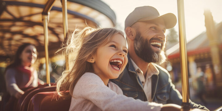 A happy family portrait with an excited toddler and her father enjoying outdoor amusement park fun.