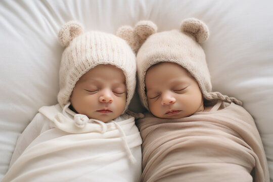 Cute newborn twin brother and sister sleeping peacefully together, a sweet portrait of innocence and togetherness.