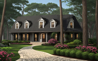 family house exterior tiles black roof. Beautiful landscaped Home cottage in forest. Generative AI